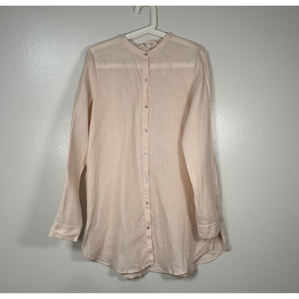EILEEN FISHER Organic Linen Band Collared Shell Button Up Top Women's S Pink